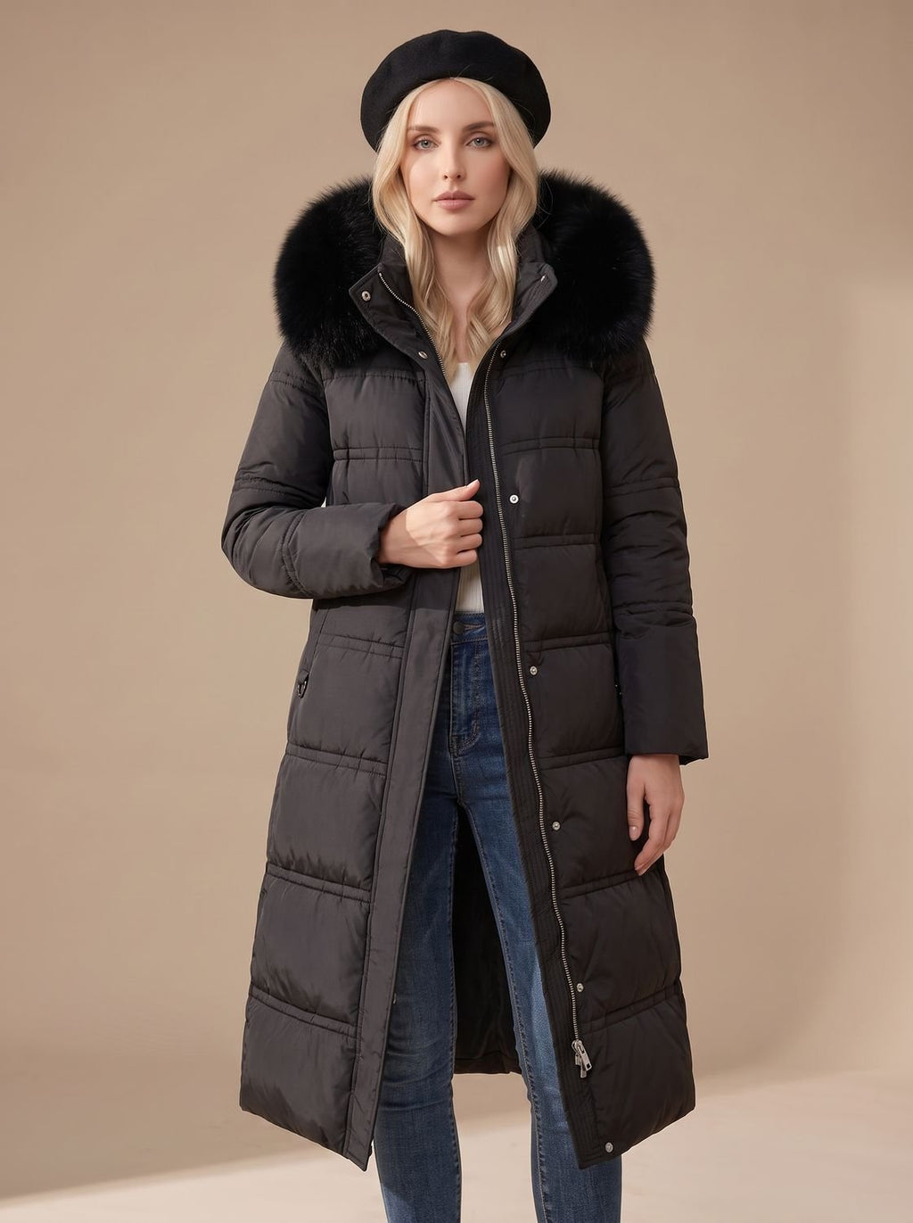 Women's Wind-Resistant Puffer Parka with Trimmed Hood