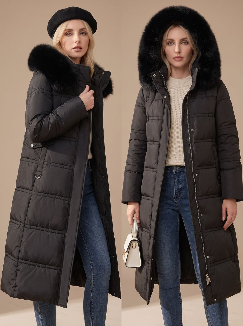 Women's Wind-Resistant Puffer Parka with Trimmed Hood
