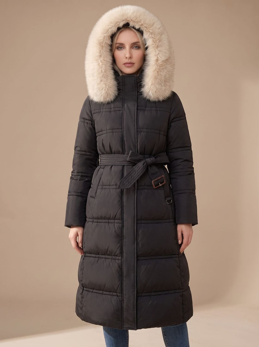 Women's Wind-Resistant Puffer Parka with Trimmed Hood