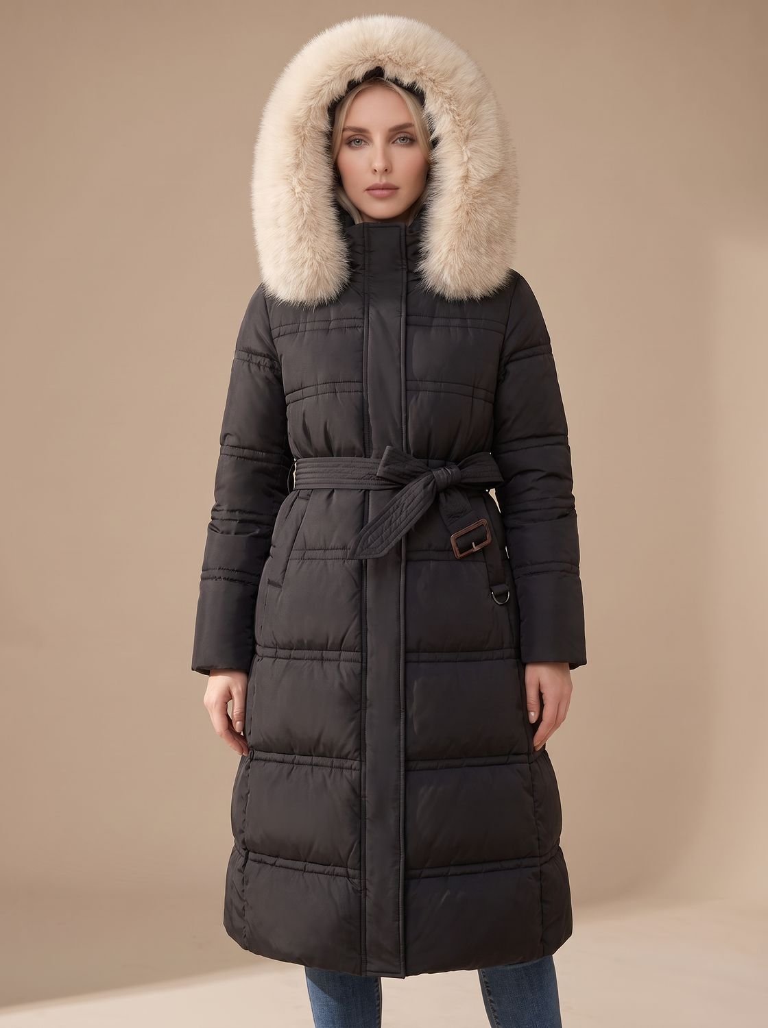 Women's Wind-Resistant Puffer Parka with Trimmed Hood