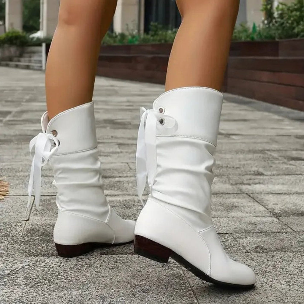 Women's Slouch Shaft Heeled Booties with Front Lacing