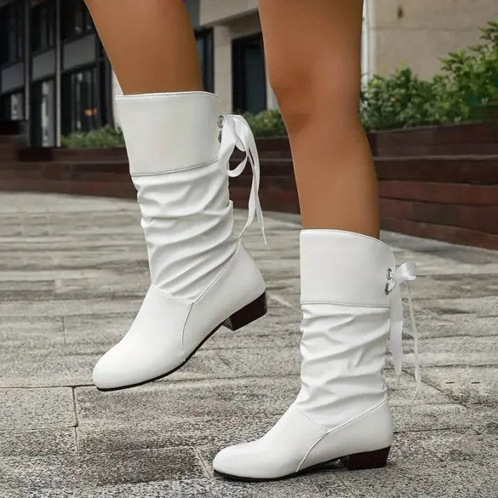 Women's Slouch Shaft Heeled Booties with Front Lacing