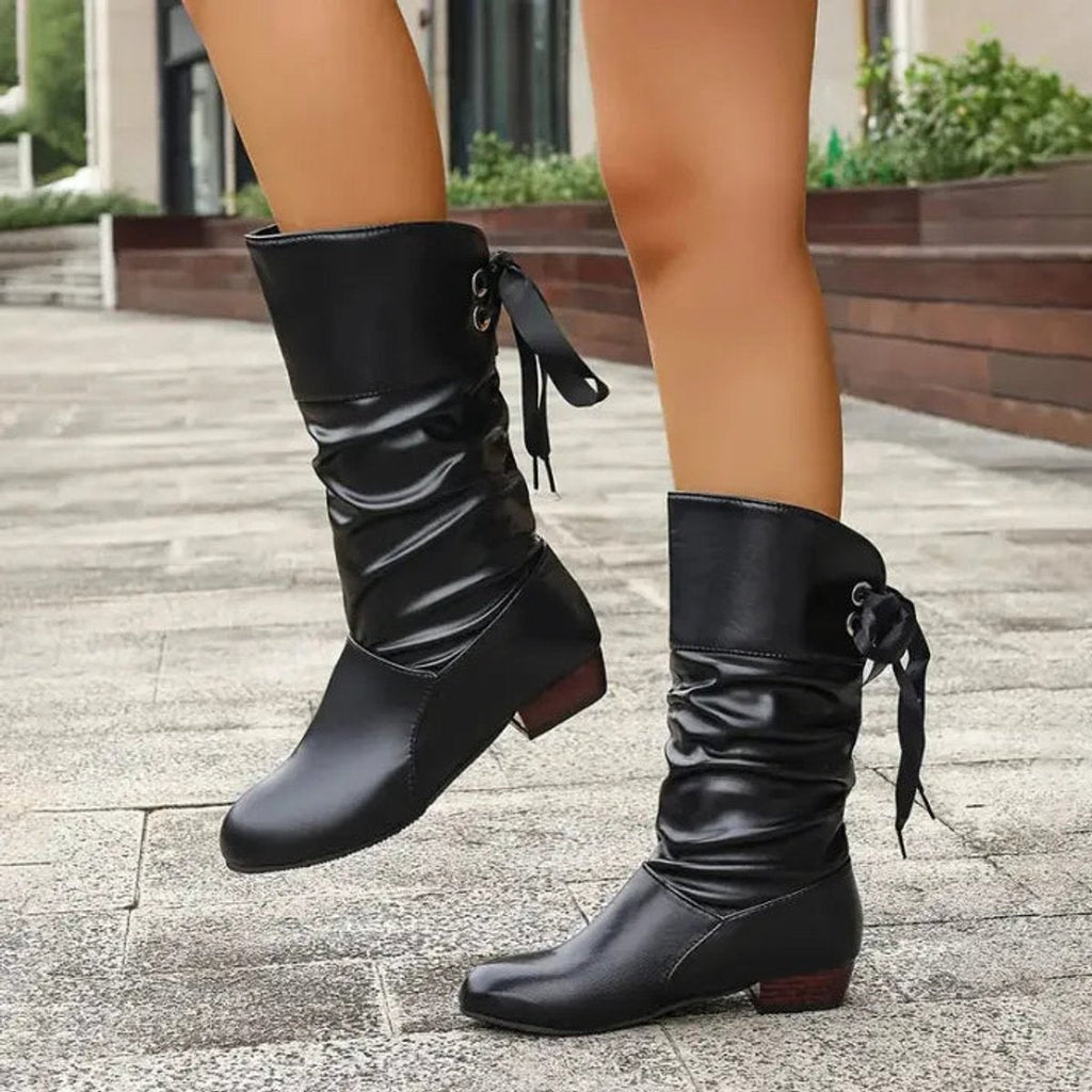 Women's Slouch Shaft Heeled Booties with Front Lacing