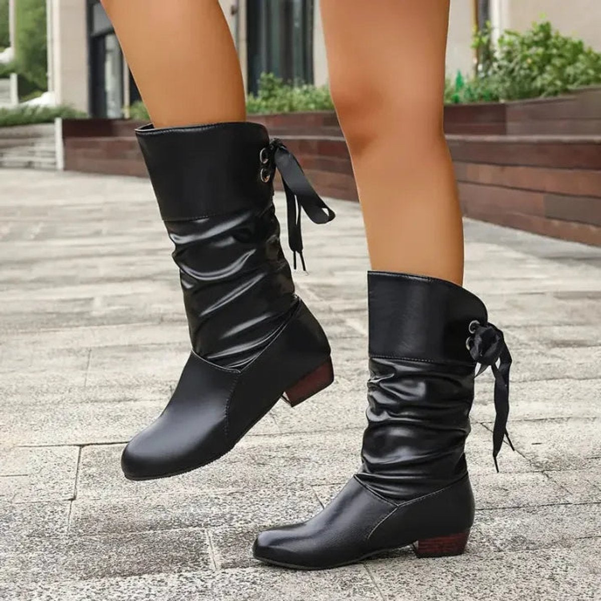 Women's Slouch Shaft Heeled Booties with Front Lacing