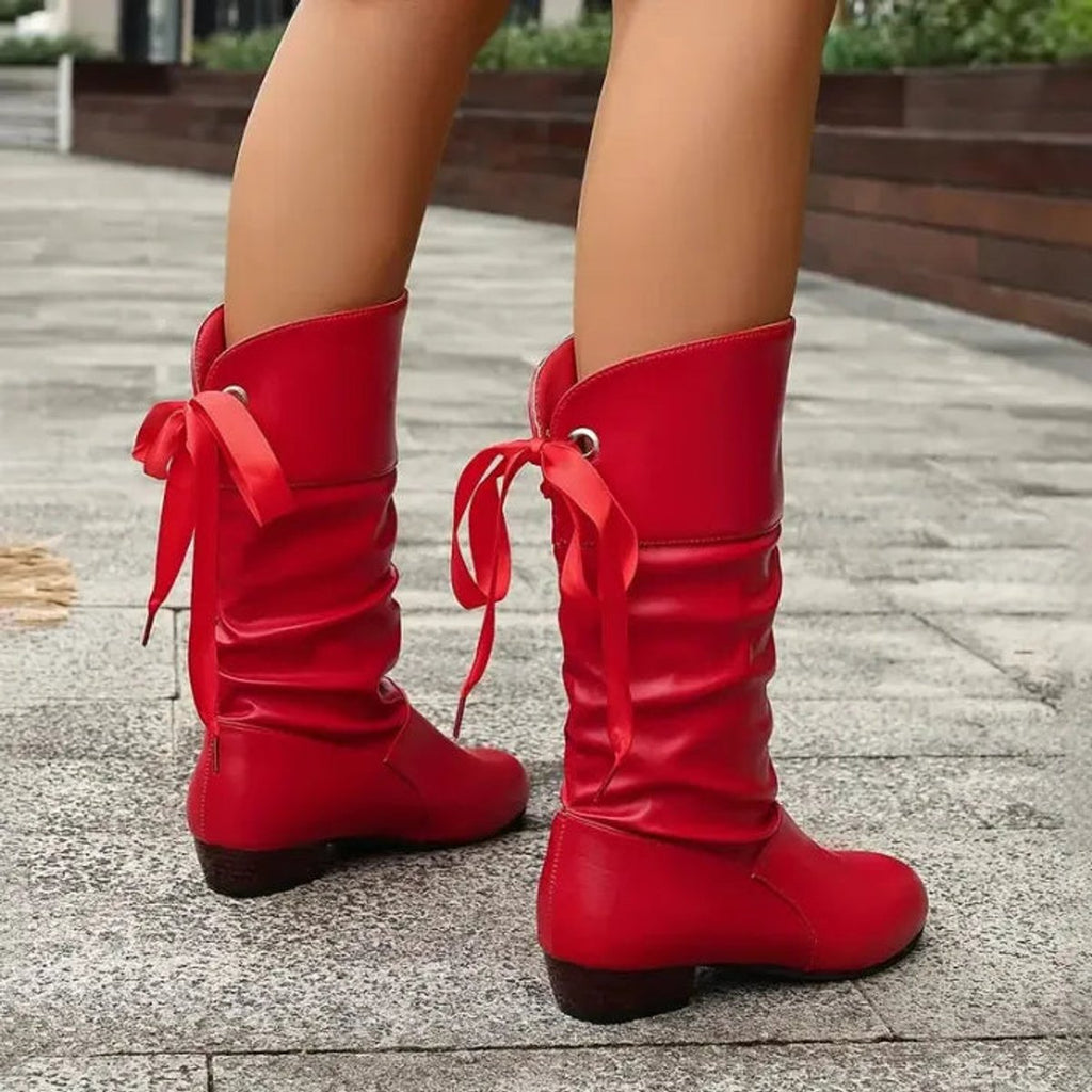 Women's Slouch Shaft Heeled Booties with Front Lacing