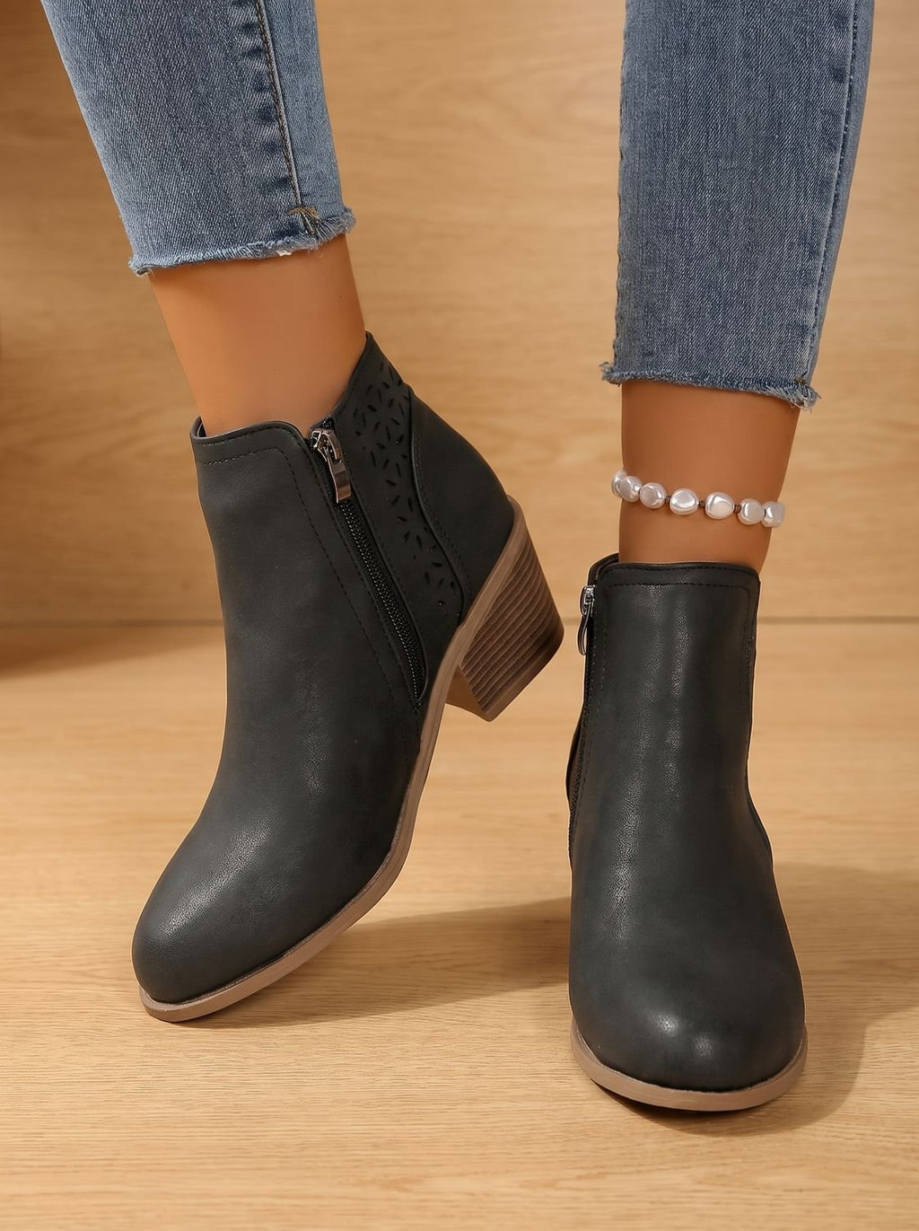 Women's Supportive Stable Heel Floral Cutout Ankle Boots