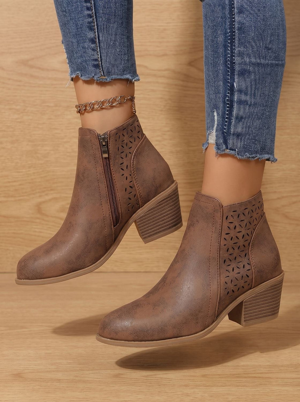 Women's Supportive Stable Heel Floral Cutout Ankle Boots