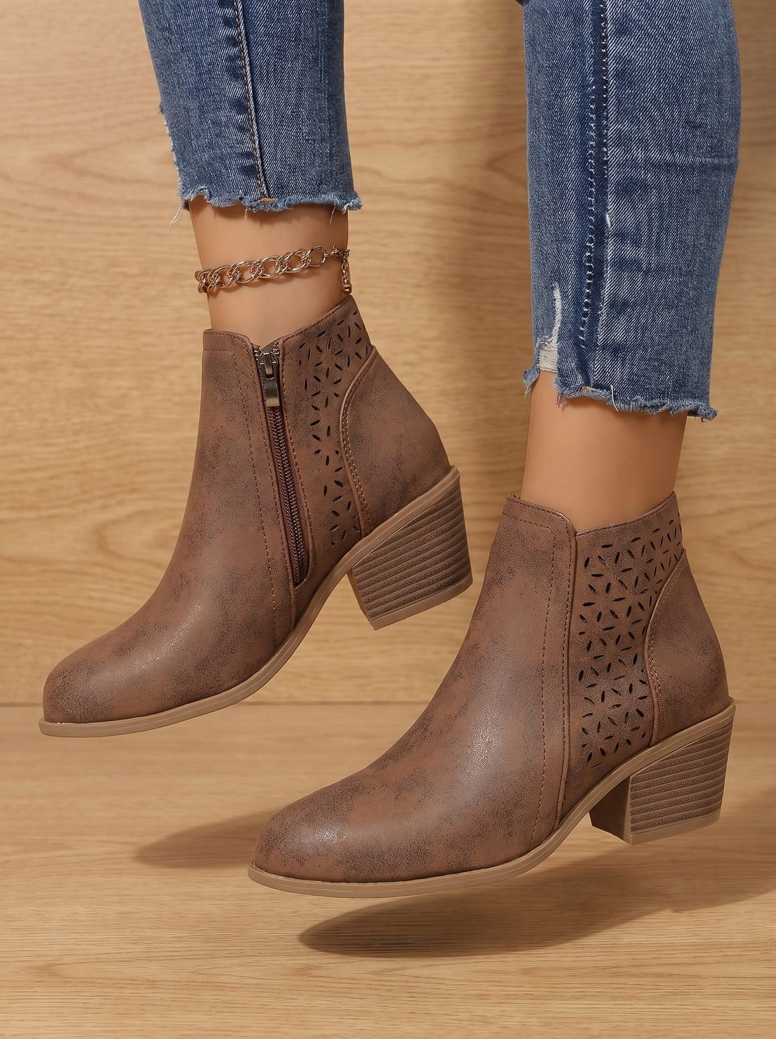 Women's Supportive Stable Heel Floral Cutout Ankle Boots