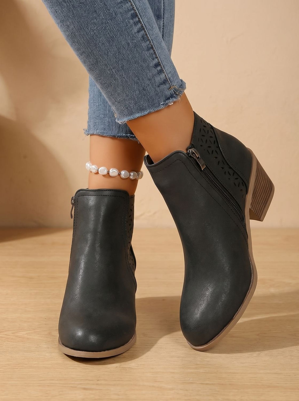 Women's Supportive Stable Heel Floral Cutout Ankle Boots