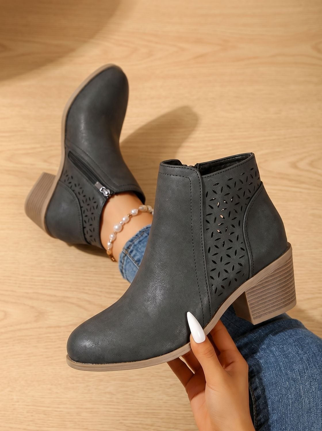 Women's Supportive Stable Heel Floral Cutout Ankle Boots