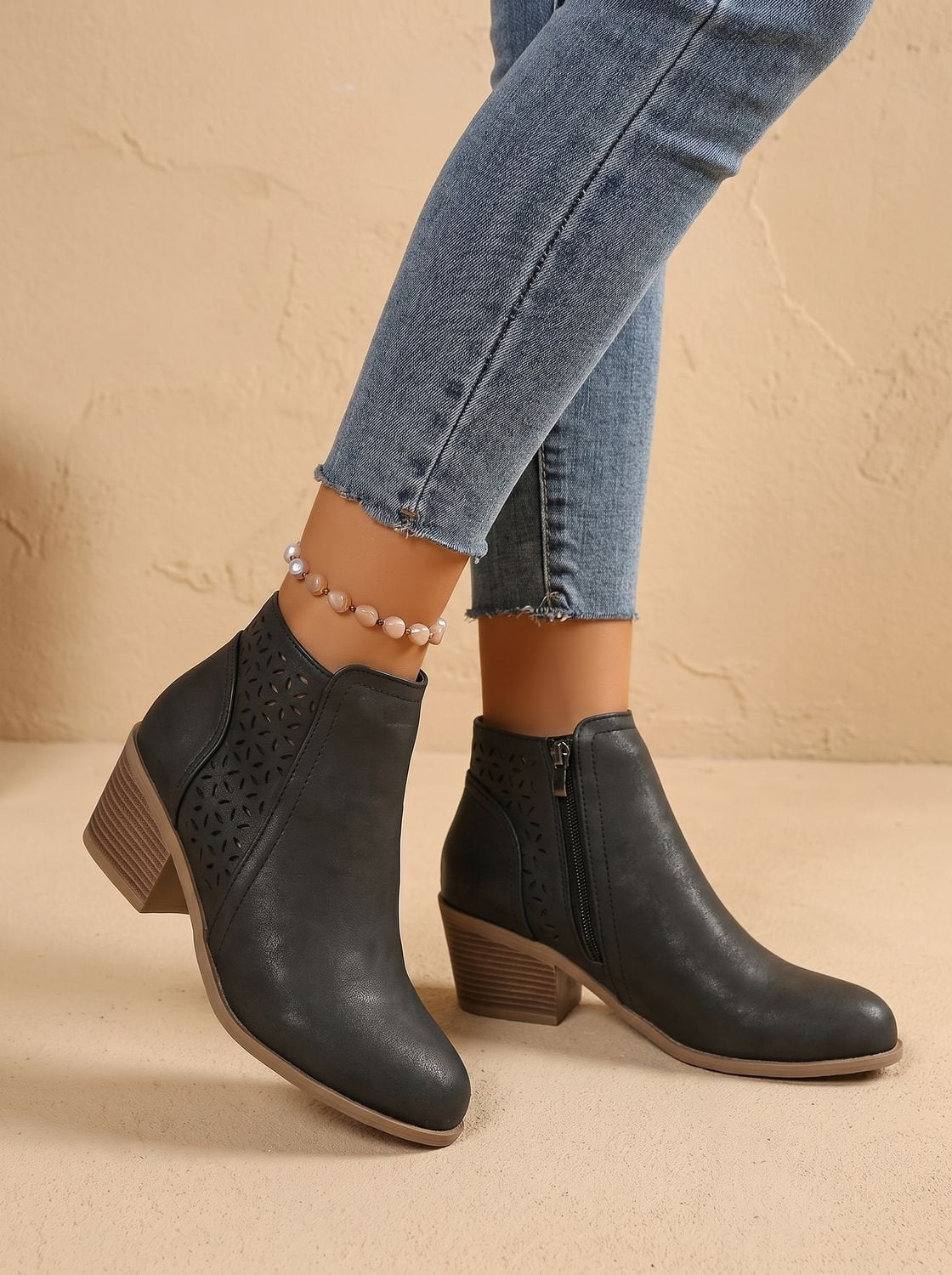 Women's Supportive Stable Heel Floral Cutout Ankle Boots