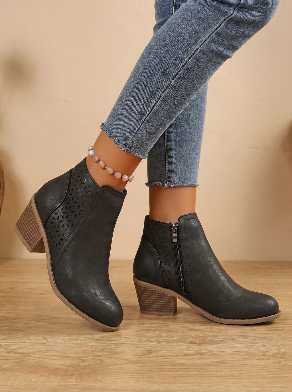 Women's Supportive Stable Heel Floral Cutout Ankle Boots