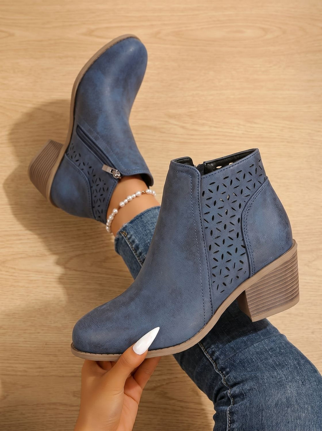 Women's Supportive Stable Heel Floral Cutout Ankle Boots