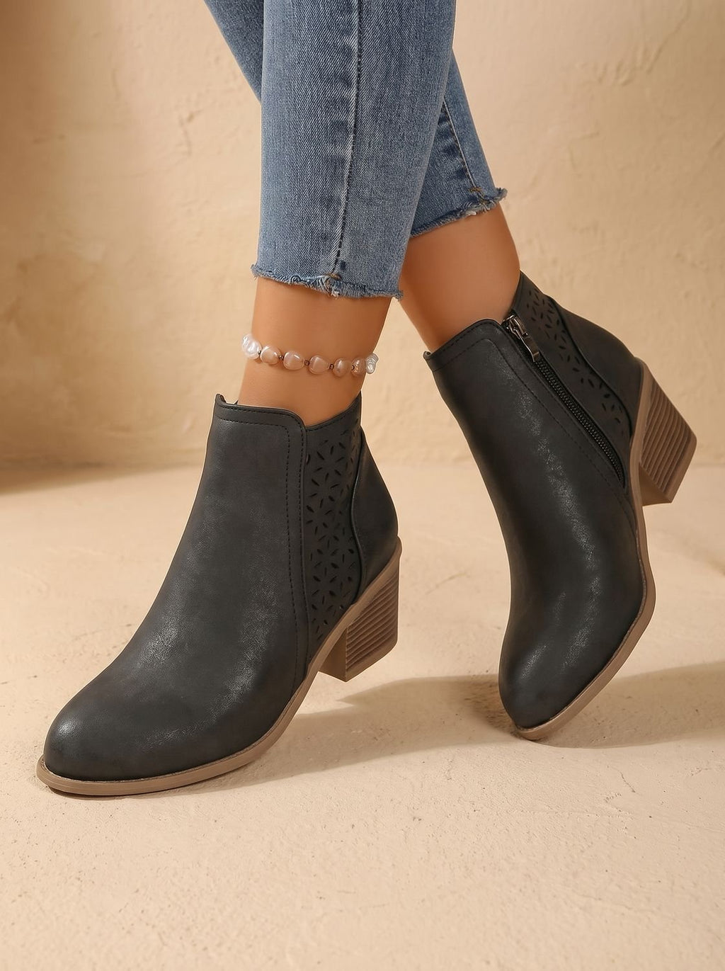 Women's Supportive Stable Heel Floral Cutout Ankle Boots