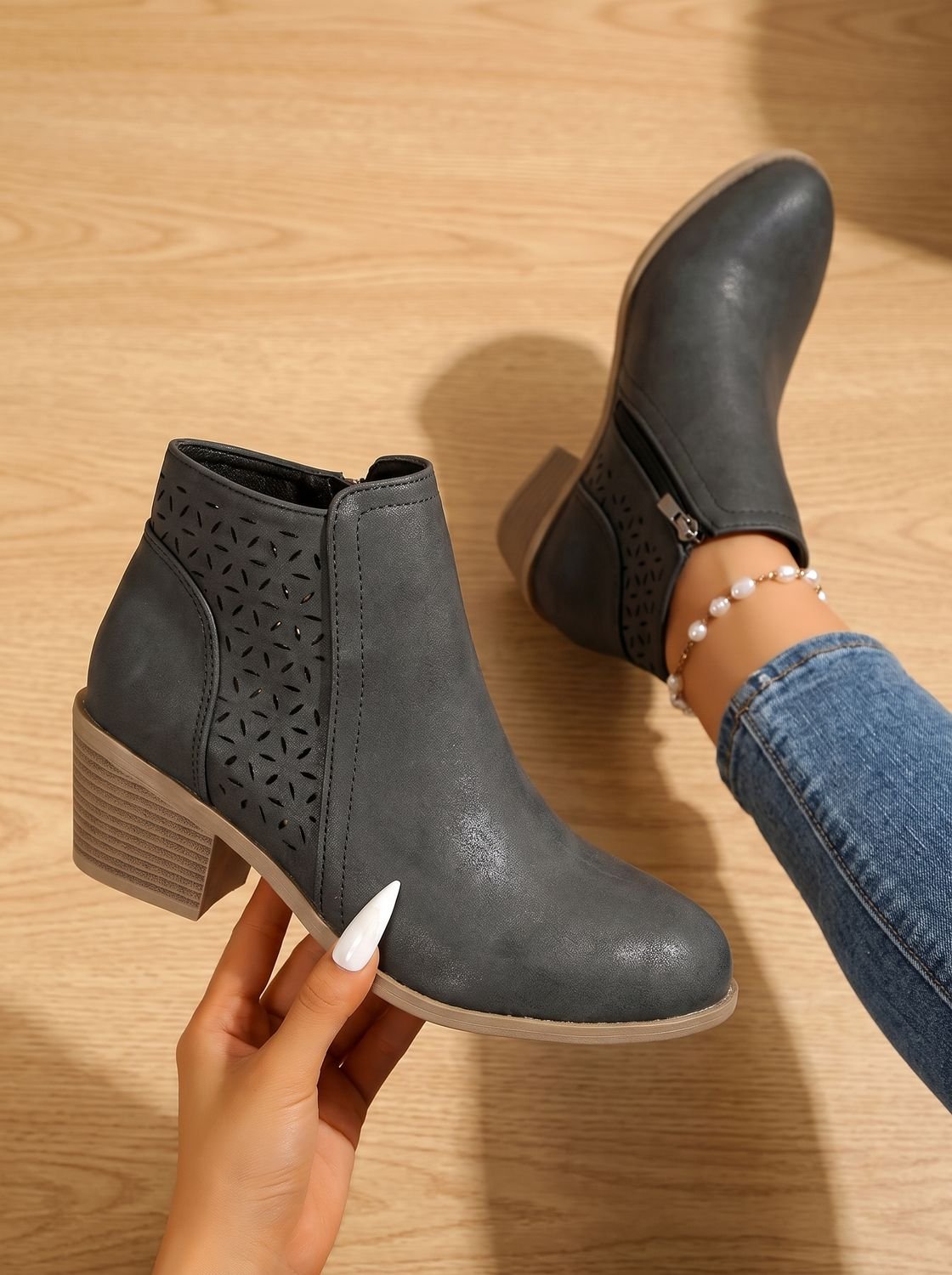 Women's Supportive Stable Heel Floral Cutout Ankle Boots