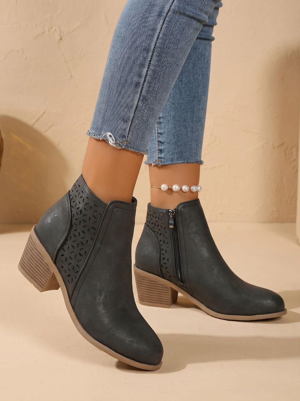 Women's Supportive Stable Heel Floral Cutout Ankle Boots