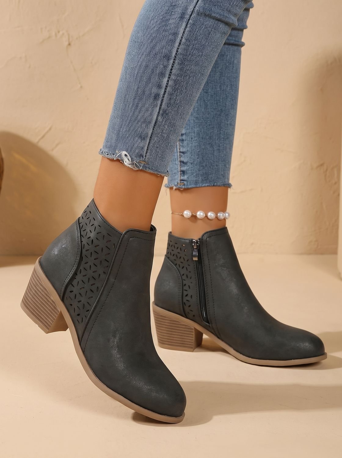 Women's Supportive Stable Heel Floral Cutout Ankle Boots