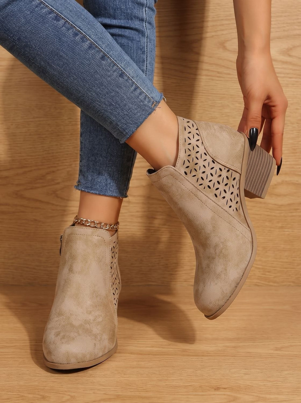 Women's Supportive Stable Heel Floral Cutout Ankle Boots