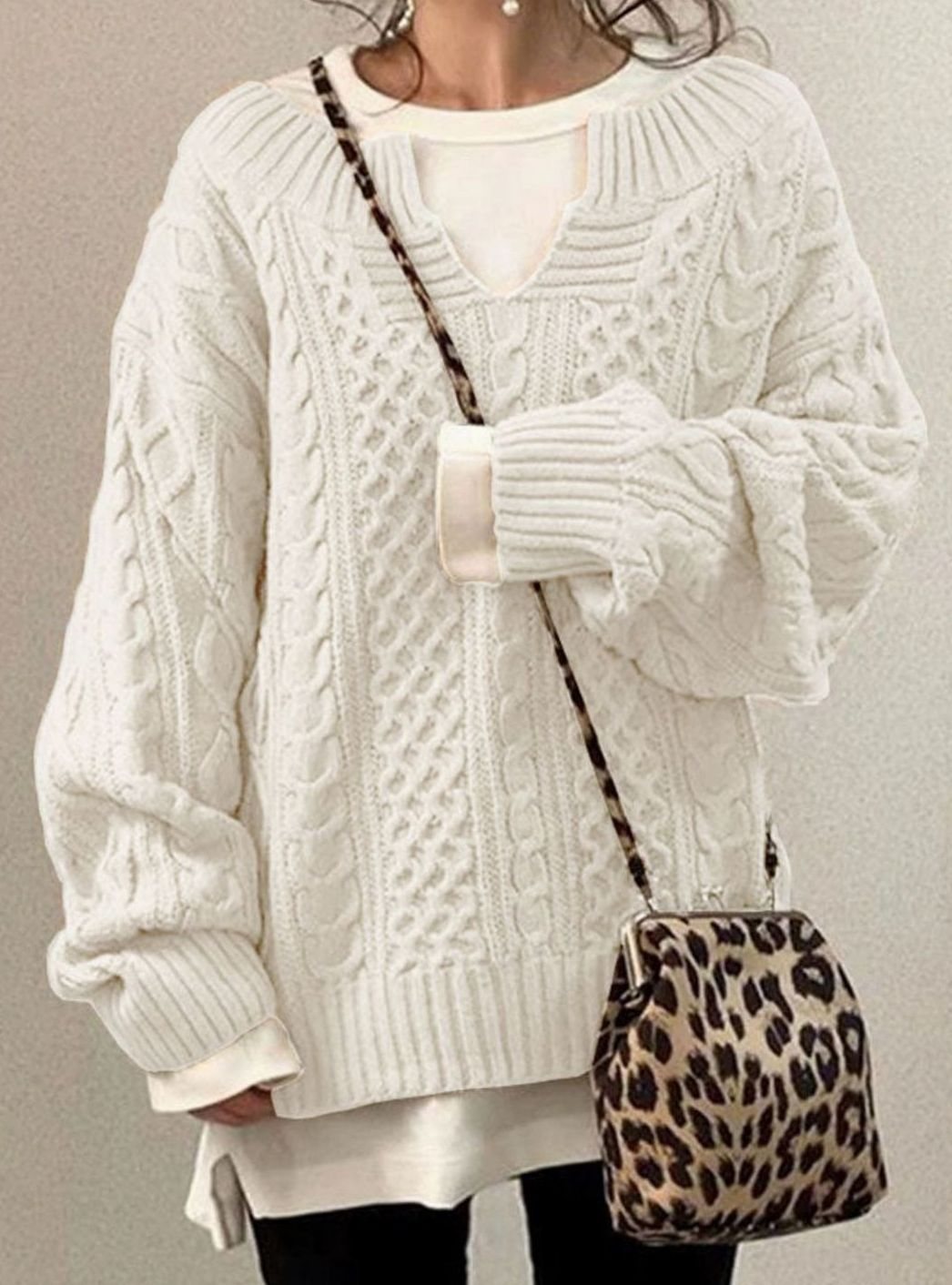 Women's Oversized Cable Sweater with V-Neck Cutout