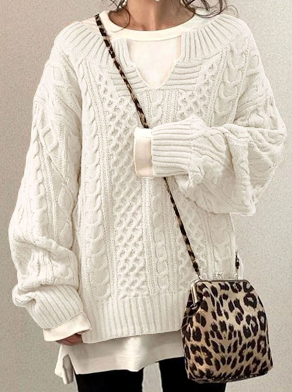 Women's Oversized Cable Sweater with V-Neck Cutout