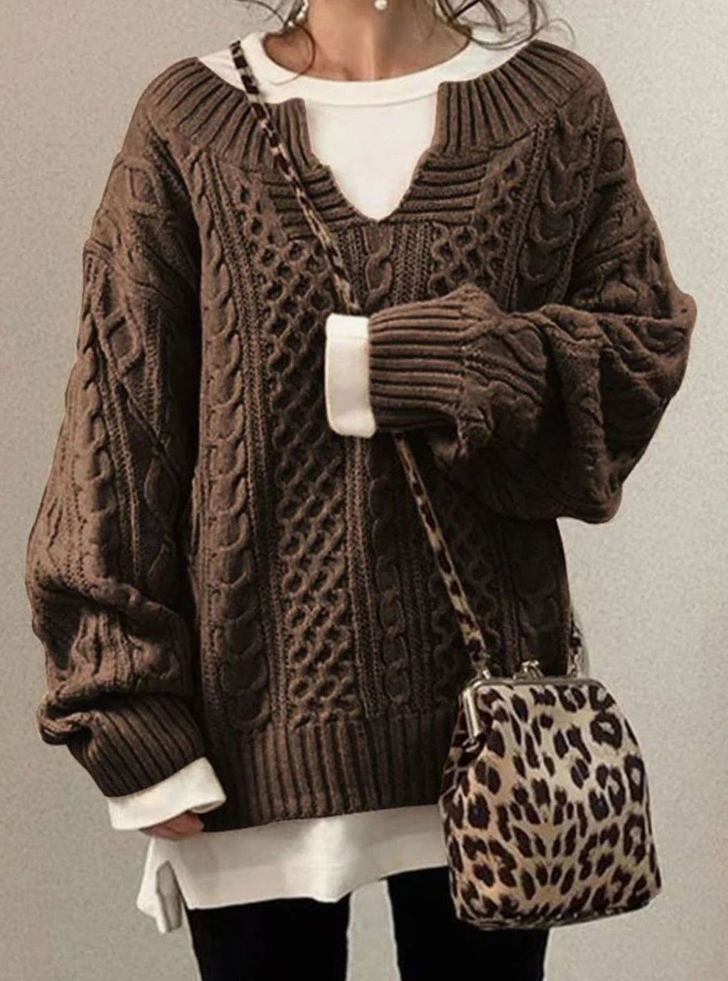 Women's Oversized Cable Sweater with V-Neck Cutout