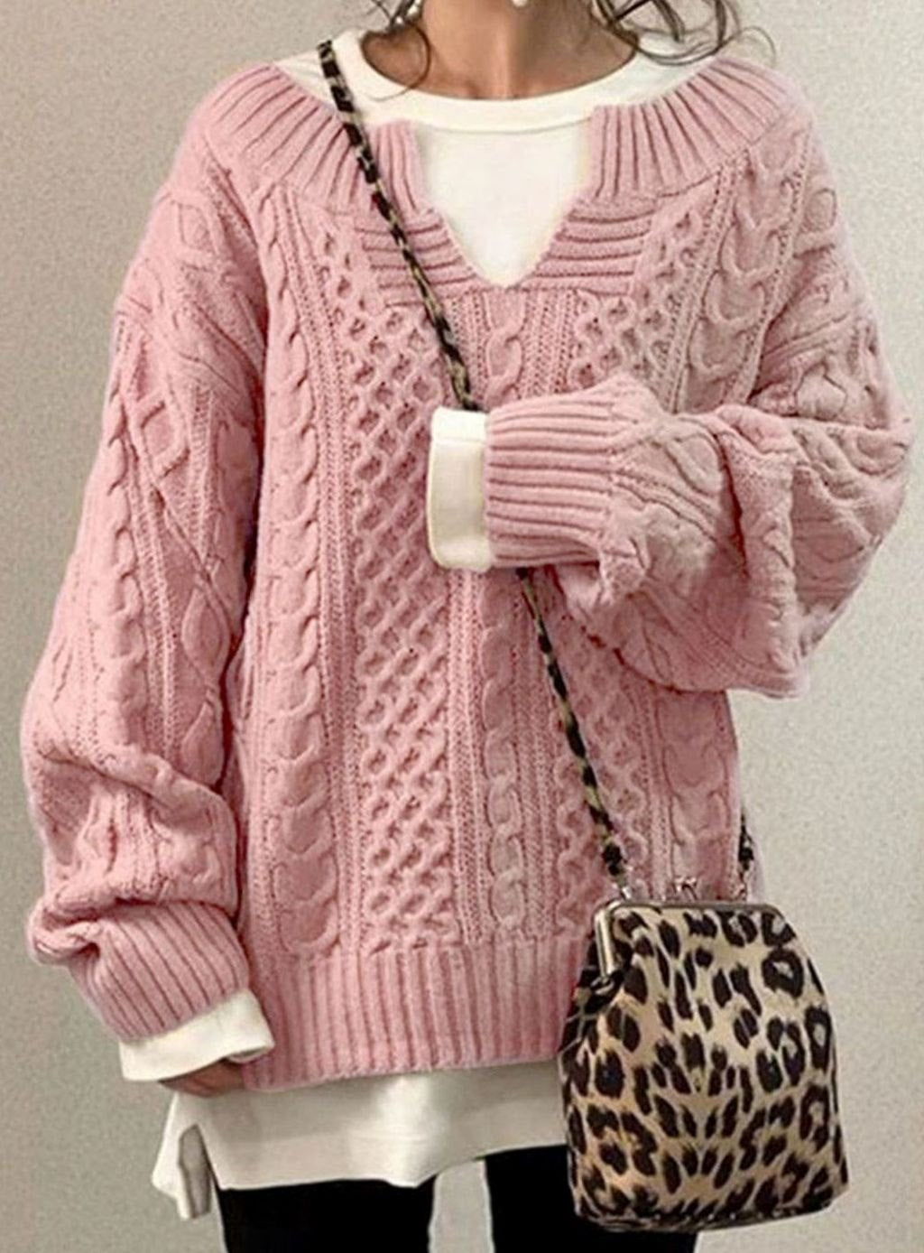 Women's Oversized Cable Sweater with V-Neck Cutout