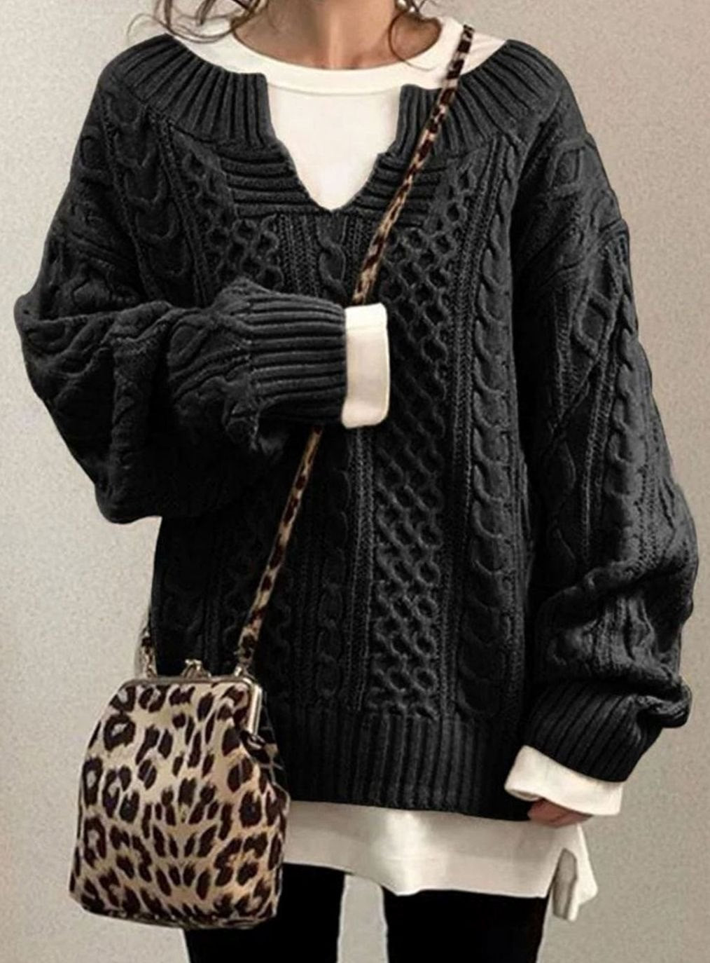 Women's Oversized Cable Sweater with V-Neck Cutout