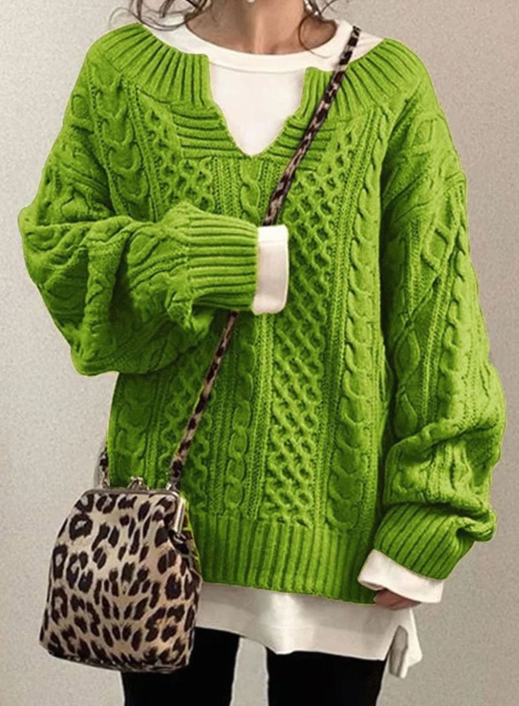 Women's Oversized Cable Sweater with V-Neck Cutout