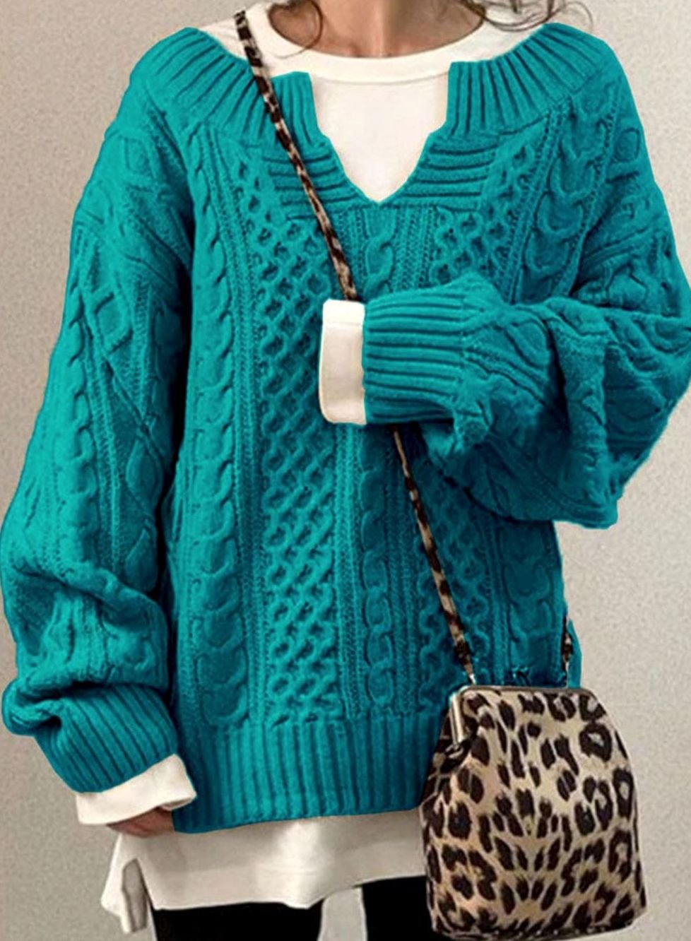 Women's Oversized Cable Sweater with V-Neck Cutout