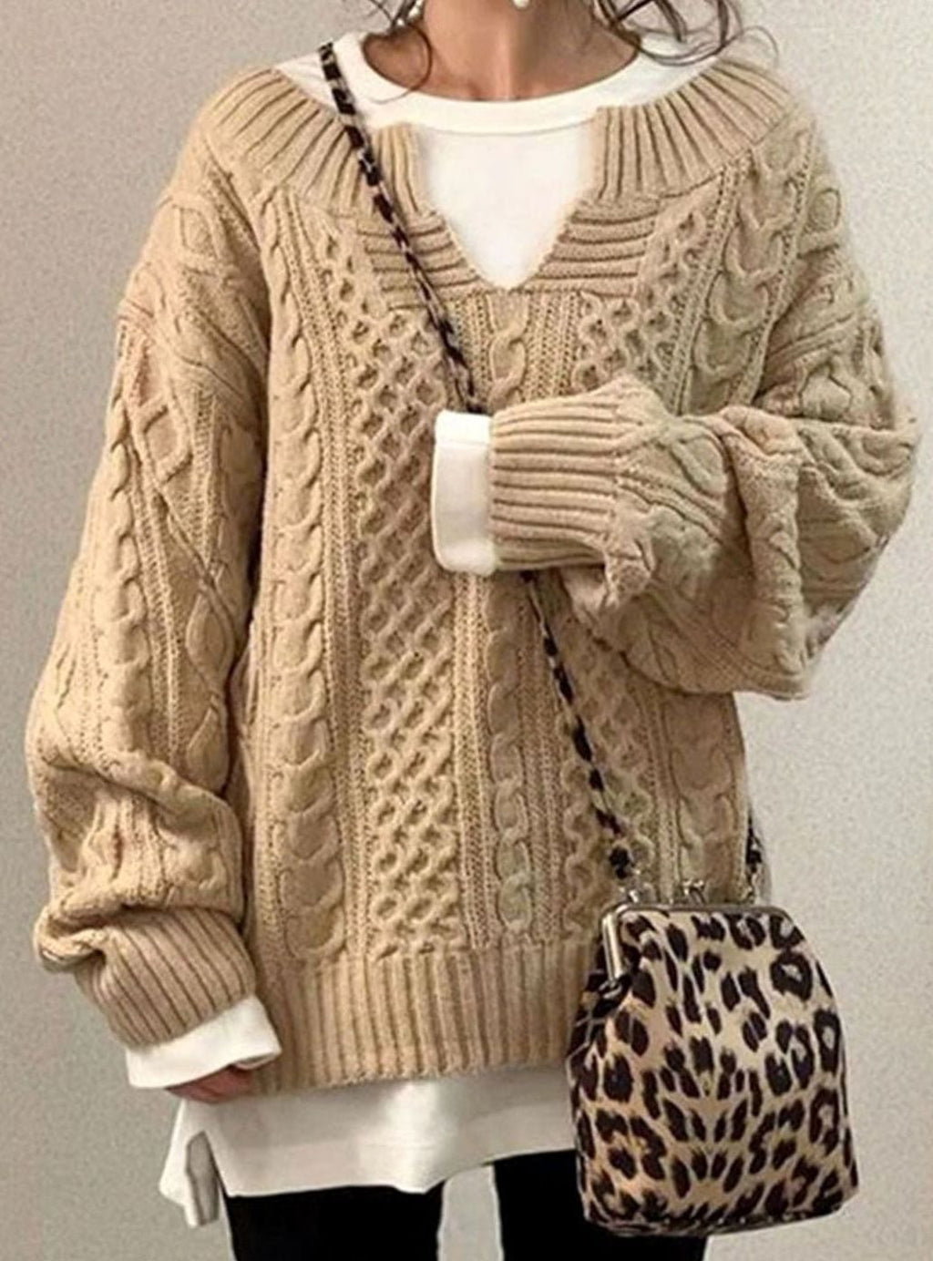 Women's Oversized Cable Sweater with V-Neck Cutout