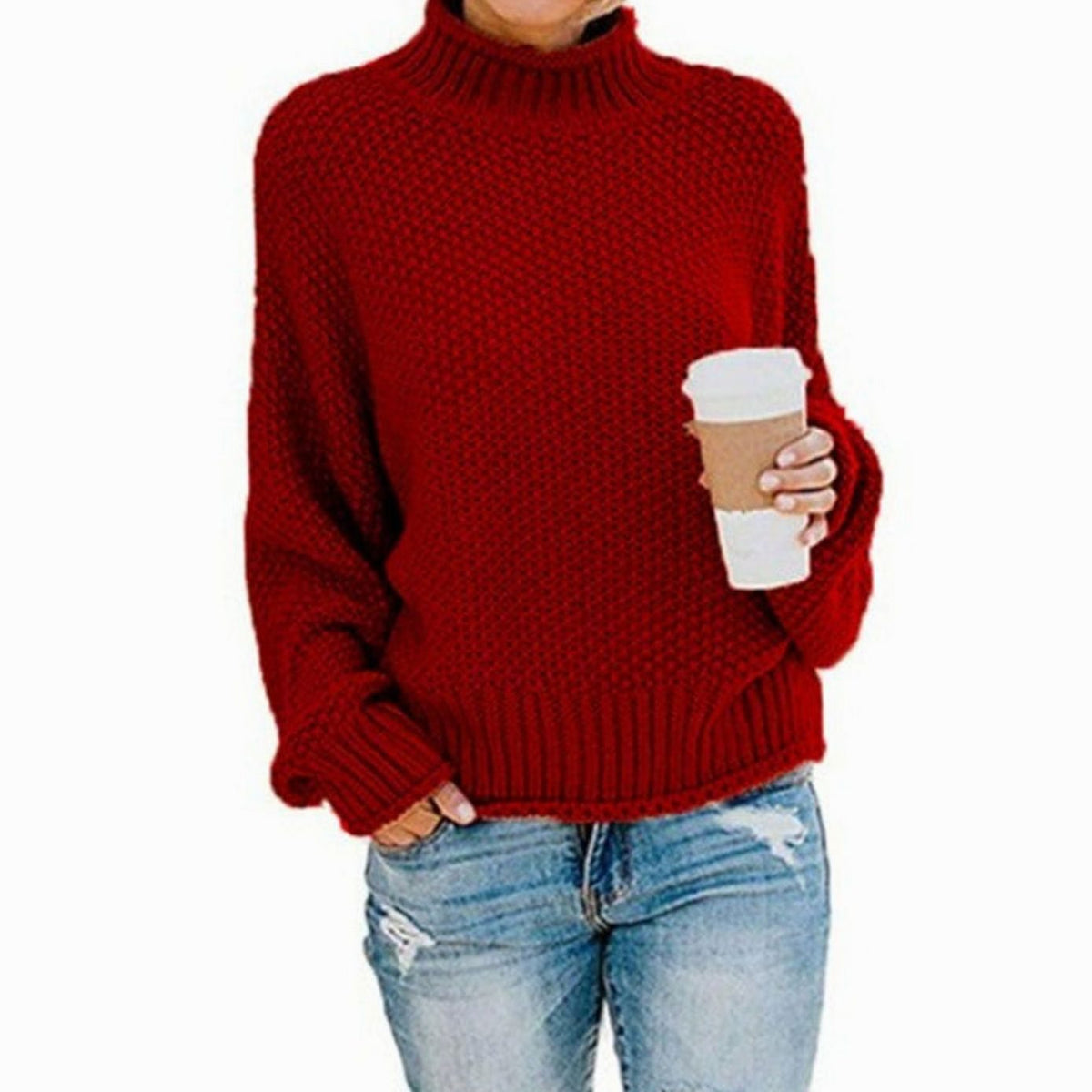 Women's Thick Oversized Turtleneck Sweater with Textured Weave