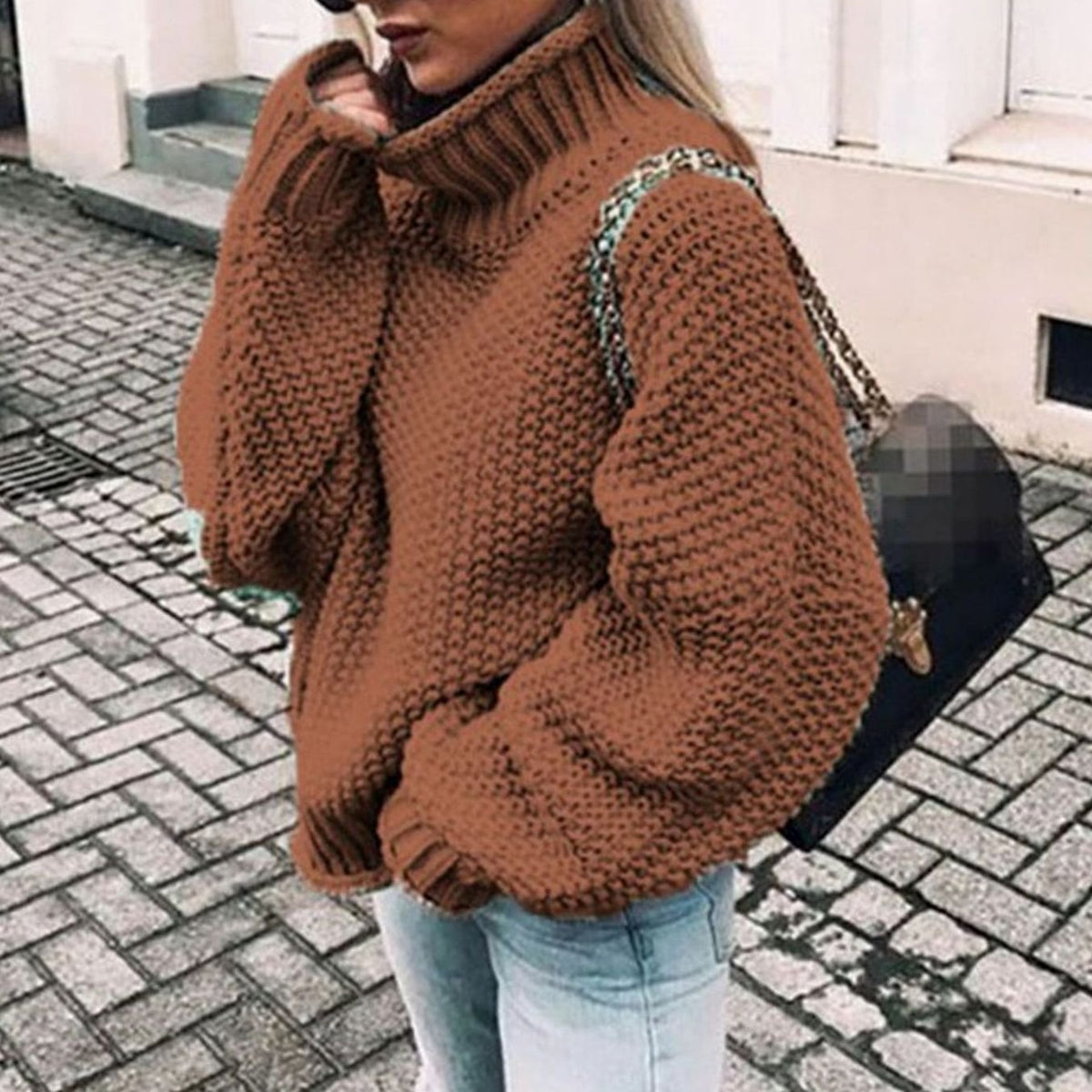 Women's Thick Oversized Turtleneck Sweater with Textured Weave