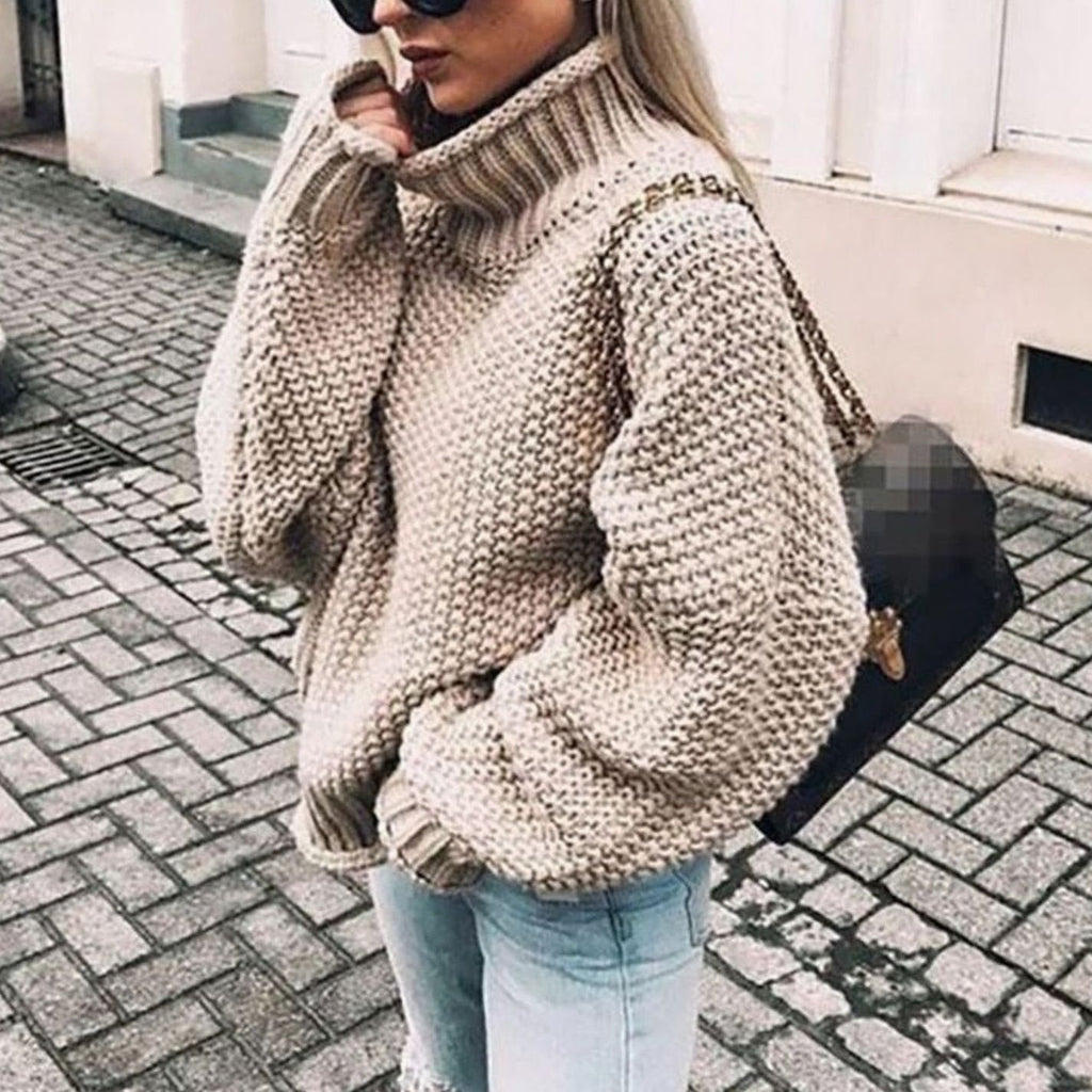 Women's Thick Oversized Turtleneck Sweater with Textured Weave