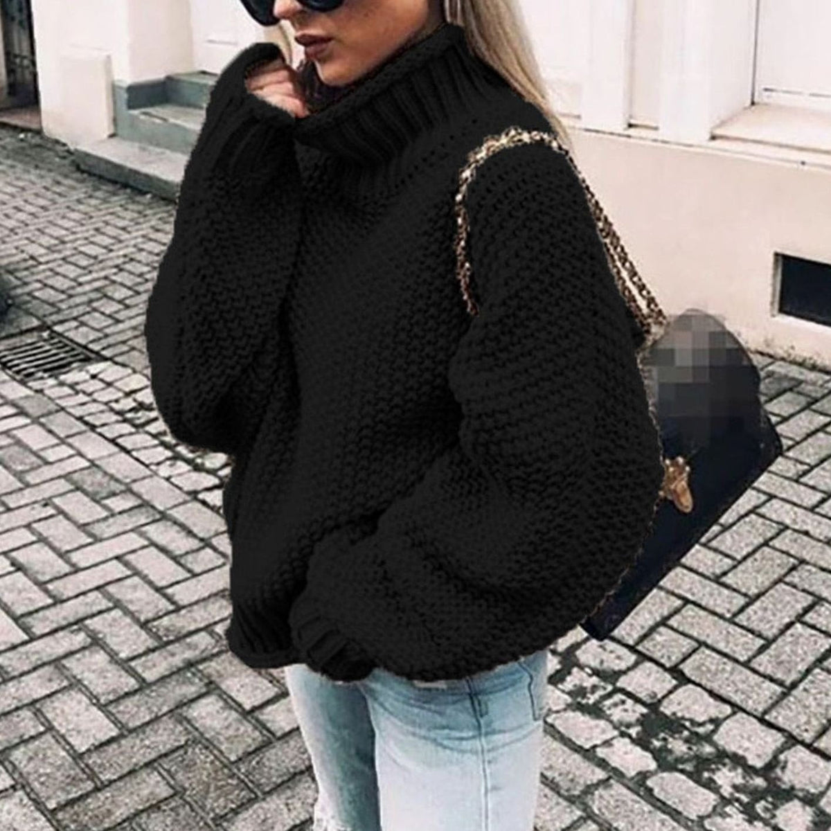 Women's Thick Oversized Turtleneck Sweater with Textured Weave