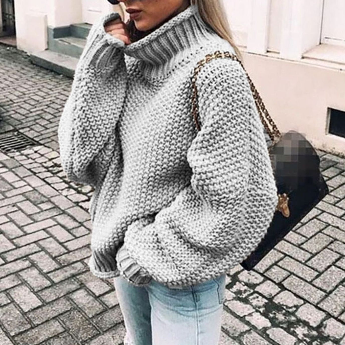 Women's Thick Oversized Turtleneck Sweater with Textured Weave
