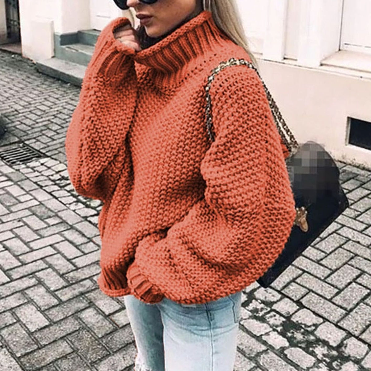 Women's Thick Oversized Turtleneck Sweater with Textured Weave