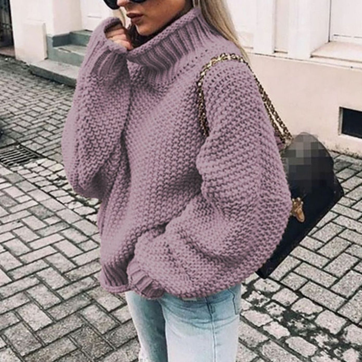Women's Thick Oversized Turtleneck Sweater with Textured Weave