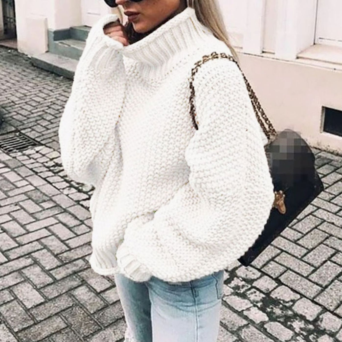Women's Thick Oversized Turtleneck Sweater with Textured Weave