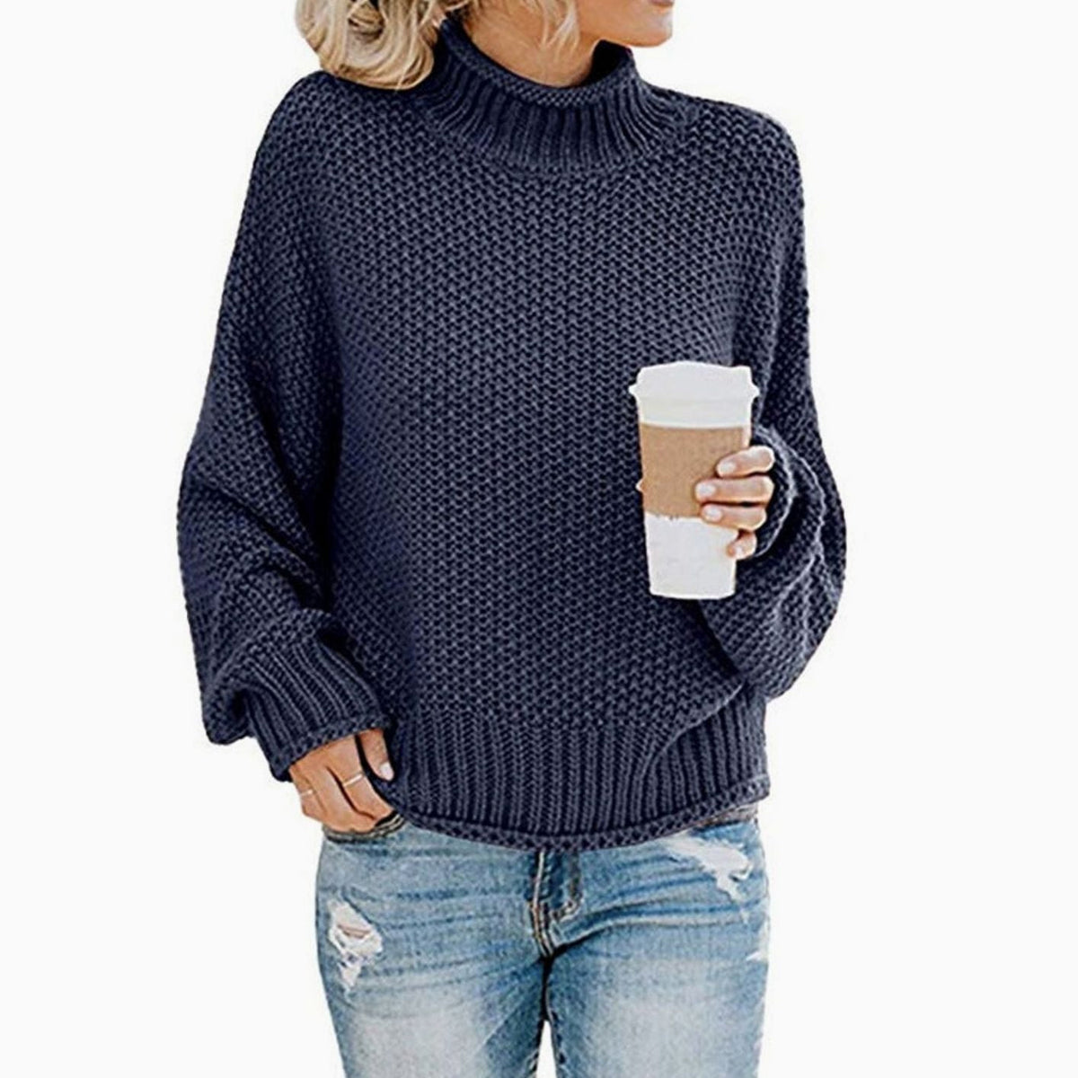 Women's Thick Oversized Turtleneck Sweater with Textured Weave