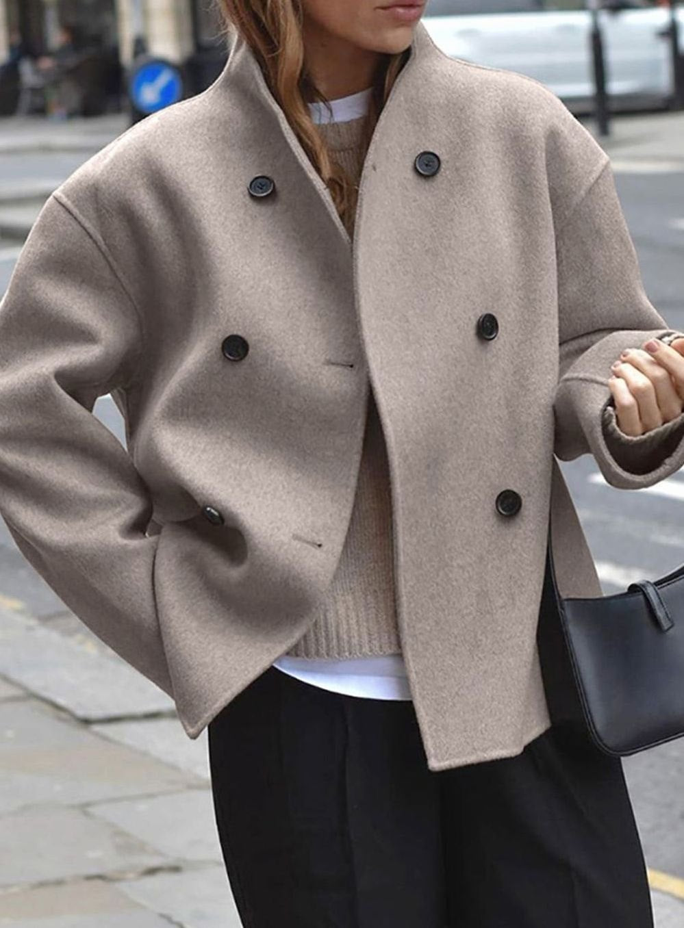 Women's Roomy Double-Breasted Hip Length Overcoat