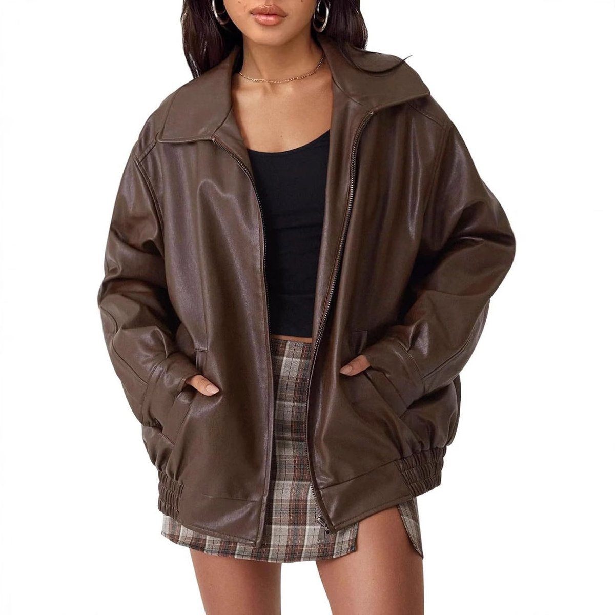 Women's Relaxed Faux Leather Bomber Jacket for Layering