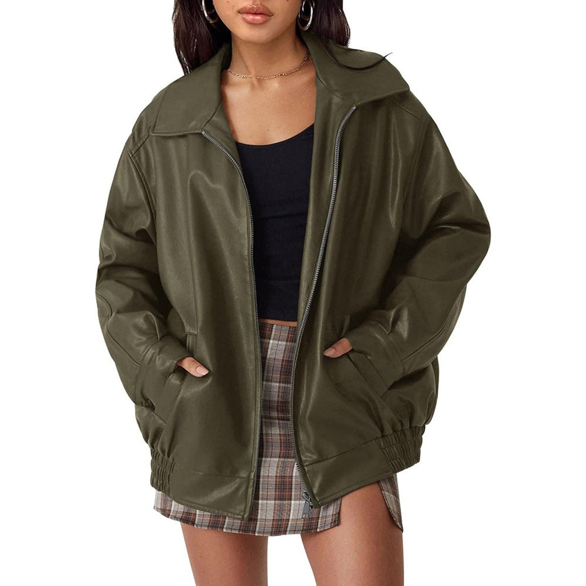 Women's Relaxed Faux Leather Bomber Jacket for Layering