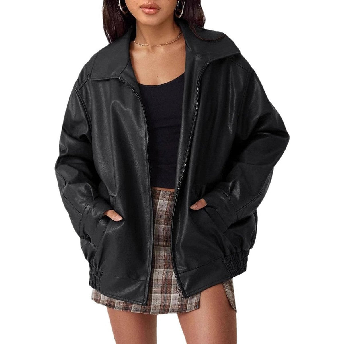 Women's Relaxed Faux Leather Bomber Jacket for Layering