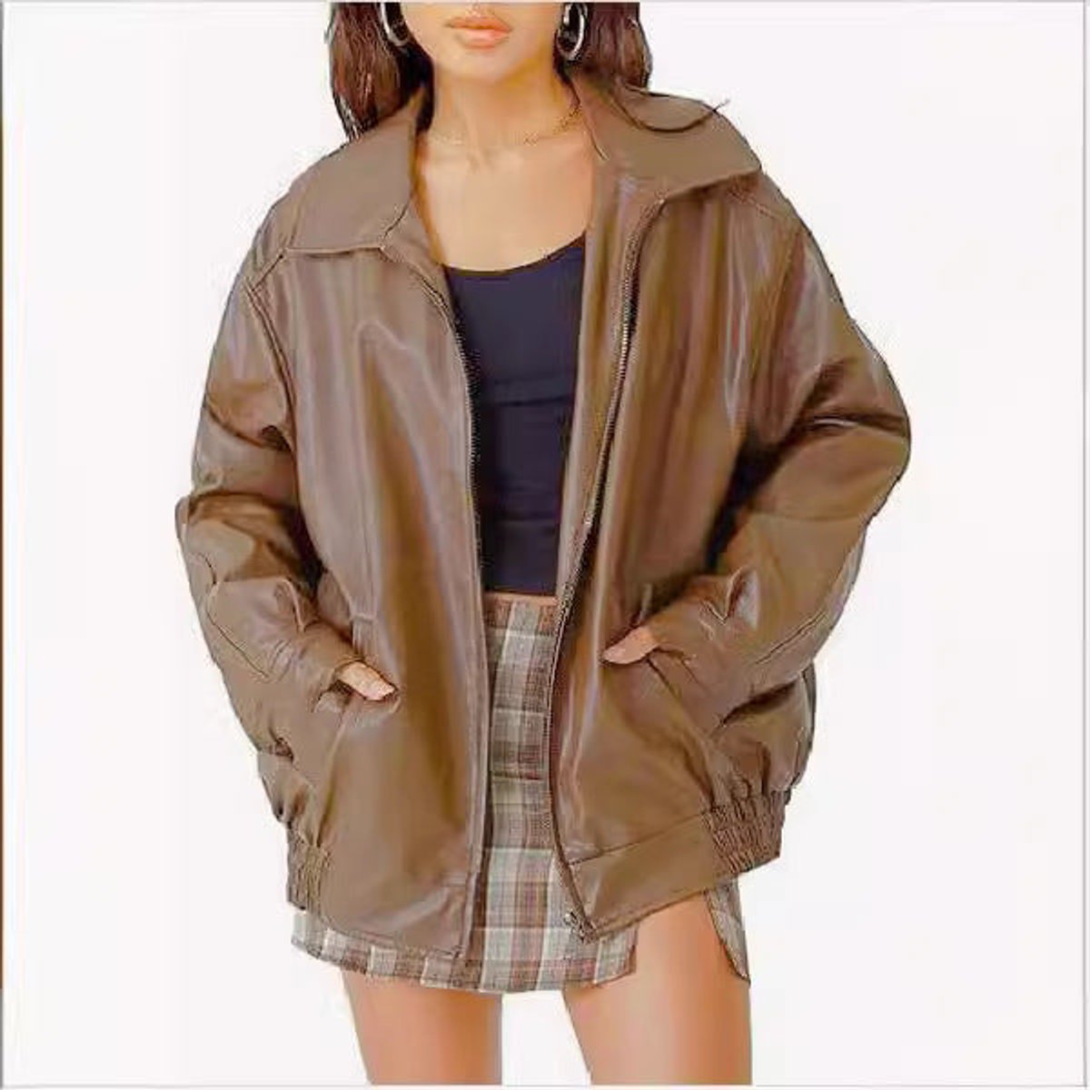 Women's Relaxed Faux Leather Bomber Jacket for Layering