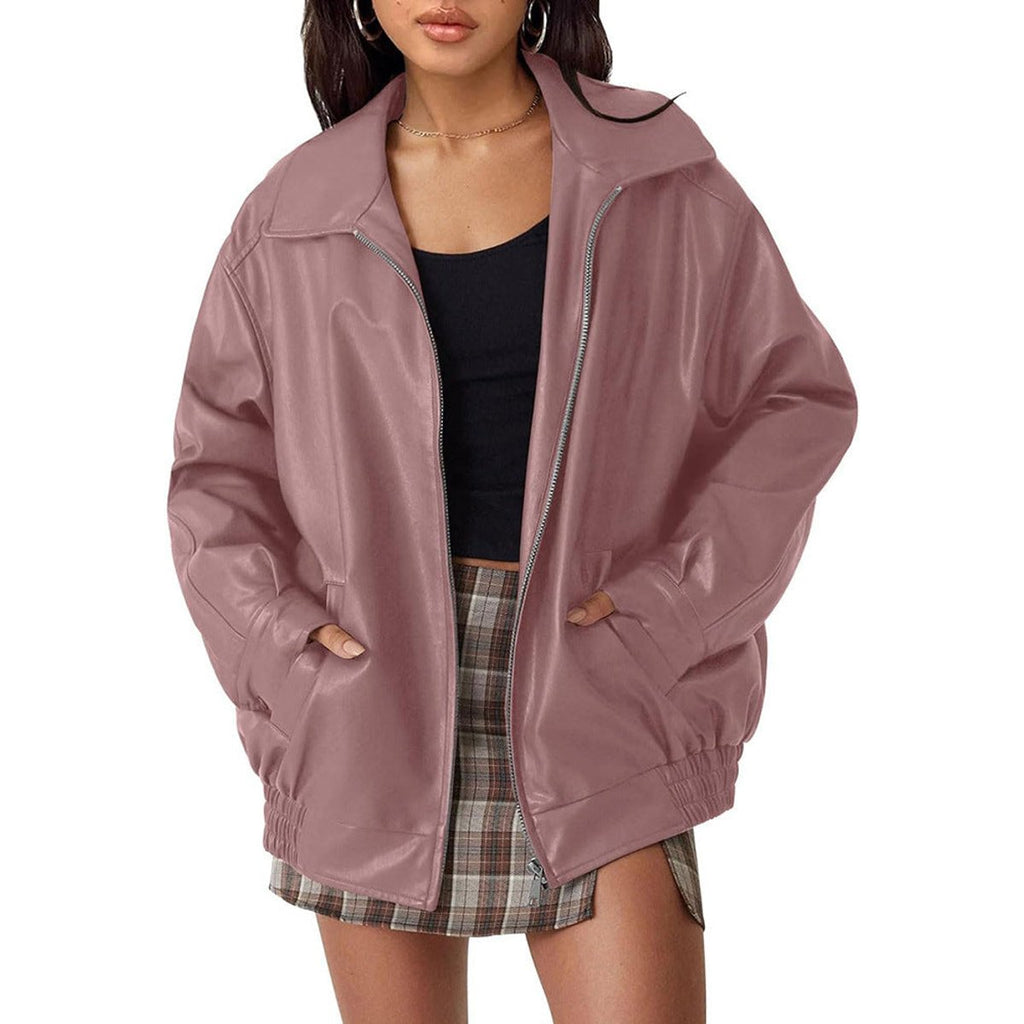 Women's Relaxed Faux Leather Bomber Jacket for Layering
