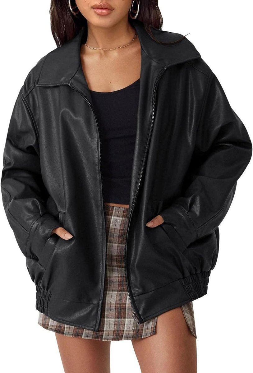Women's Relaxed Faux Leather Bomber Jacket for Layering