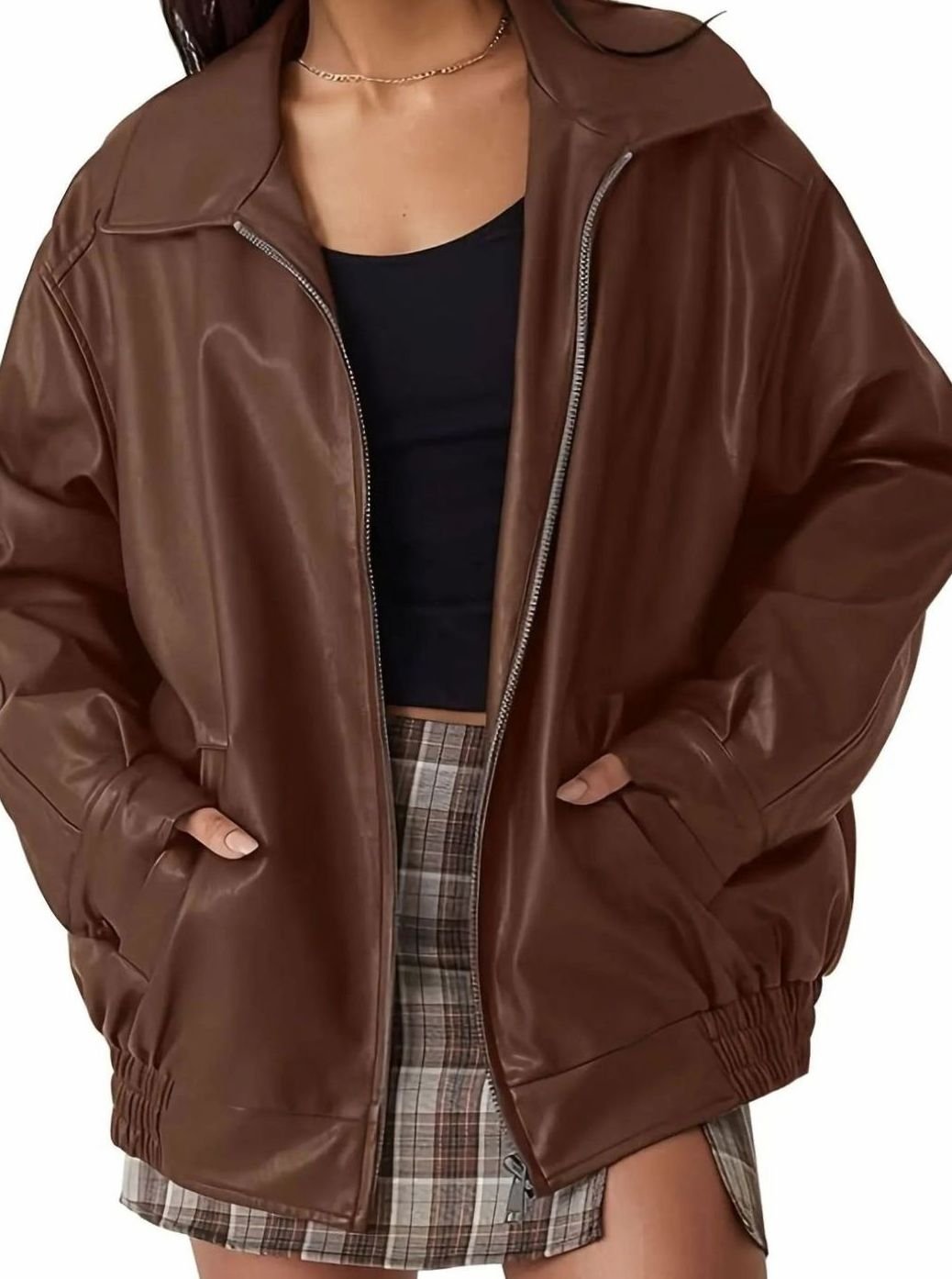 Women's Zip Front Faux Leather Bomber Style Jacket