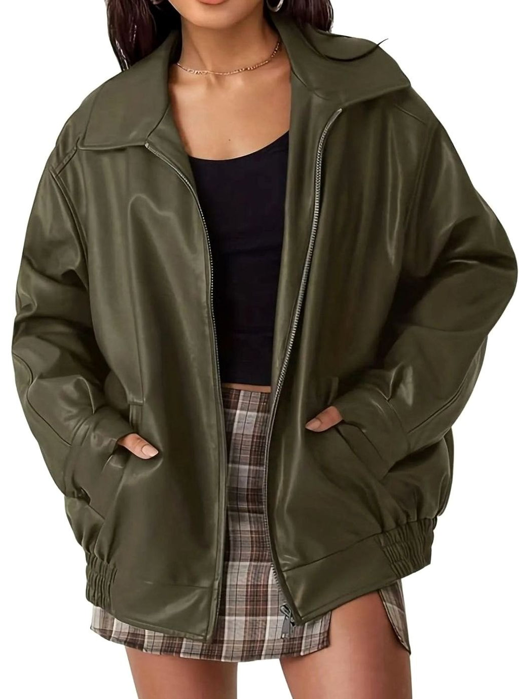 Women's Zip Front Faux Leather Bomber Style Jacket