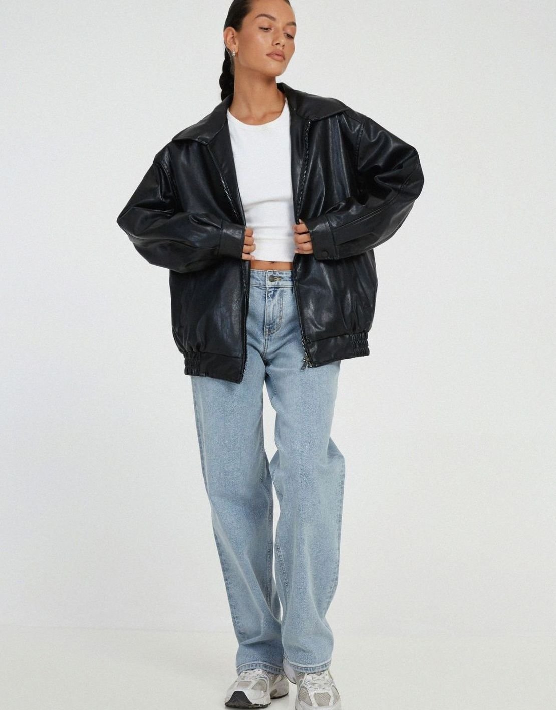 Women's Relaxed Faux Leather Bomber with Dropped Shoulders