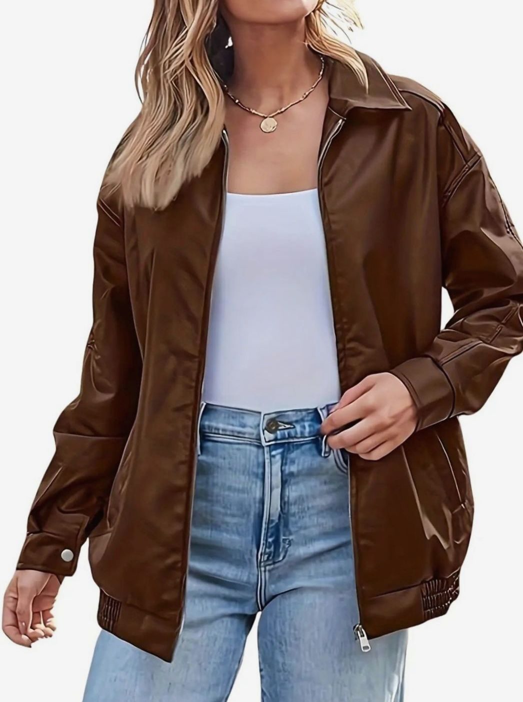 Women's Zip Front Faux Leather Bomber Style Jacket